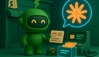 Mr Arigato the robot stands beside a computer with a speech bubble depicting the Claude logo