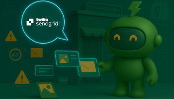 Mr Arigato the robot stands beside some email notifications and the Sendgrid logo