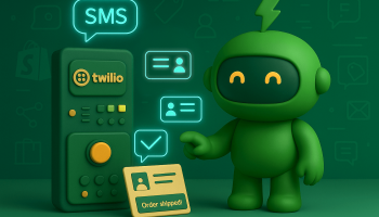 Mr Arigato the robot stands beside a Twilio SMS for Shopify machine