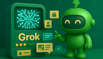 A 3D-rendered illustration of Mr. Arigato, a cute green robot with a lightning bolt antenna, standing on the right side of the image. He is interacting with a futuristic computer terminal on the left labeled “Grok,” which is emitting glowing neural patterns. Shopify icons like product cards and order symbols float between them