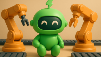 Mr Aritago the robot sitting beside two warehouse robot arms