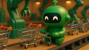 Mr Arigato the green robot on a shopping cart conveyor belt