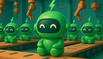 many copies of Mr Arigato, a green robot, sitting on a conveyor belt