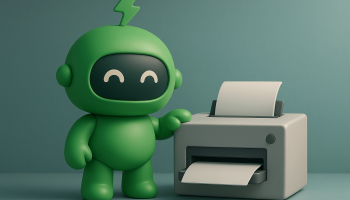 Mr Arigato the robot stands beside a printer