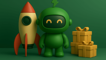 mr arigato the green robot beside a rocket ship and pile of gifts