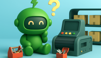 Mr Arigato the tiny cute robot sits with his tools beside an automation conveyor belt
