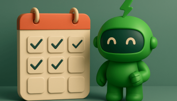 Mr Arigato the robot stands beside a 3D rendered calendar