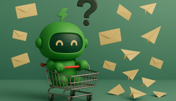 Mr Arigato the robot sits in a shopping cart surrounded by customer emails and messages