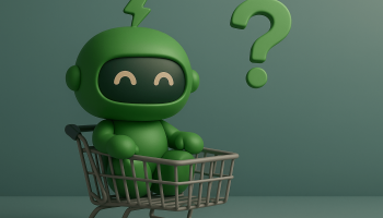 Mr Arigato the robot sits in a shopping card wondering what to automate for Shopify