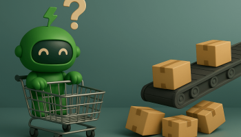 Mr Arigato the robot sits in a shopping cart beside a pile of Shopify product orders