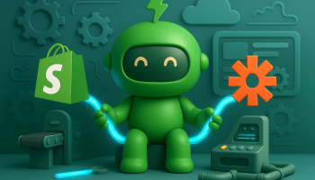 Mr Arigato the robot holding connectors between Zapier and Shopify