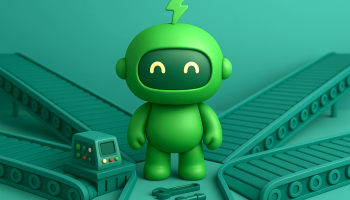 Mr. Arigato the robot stands where four conveyor belts diverge