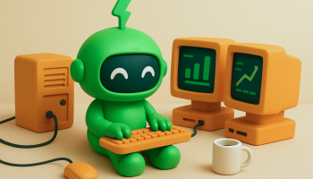 Mr Arigato the cute green robot using AI for his ecommerce business on computer