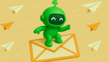 Mr Arigato the robot riding an envelope through the sky