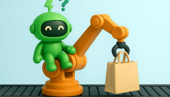 Mr Arigato the cute robot sitting on a robot arm