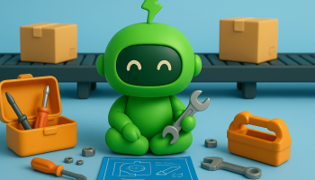 Mr. Arigato, the cute robot, sits with tools in front of an automation conveyor