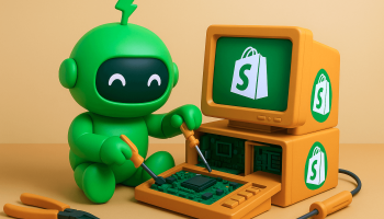 Mr Arigato the robot working on a Shopify computer