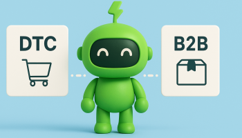 Mr Arigato the robot standing between DTC and B2B signs