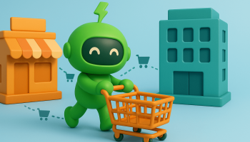 Mr. Arigato, the green robot, pushes a shopping cart between two businesses
