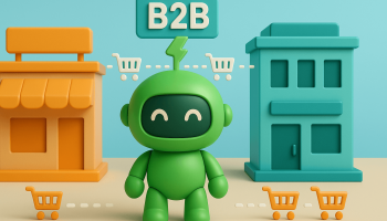 Mr. Arigato, the robot, standing a Shopify B2B business and their corporate customer's buildings