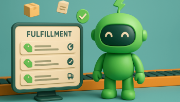 Mr. Arigato the Robot stands behind a fulfillment screen for his Shopify orders. 