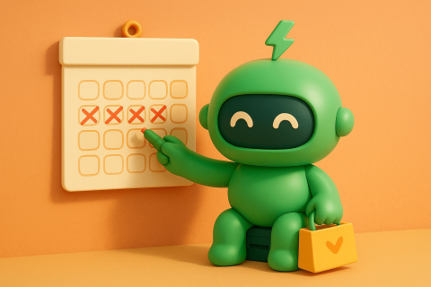 Can I Schedule Products on Shopify banner a robot counts down days on a calendar while holding a shopping bag