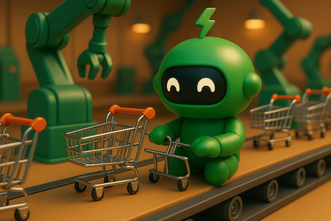 What are automations on Shopify Mr Arigato the green robot on a shopping cart conveyor belt