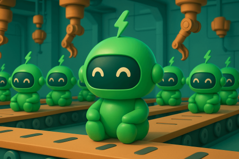 What is a Shopify Workflow banner many copies of Mr Arigato, a green robot, sitting on a conveyor belt