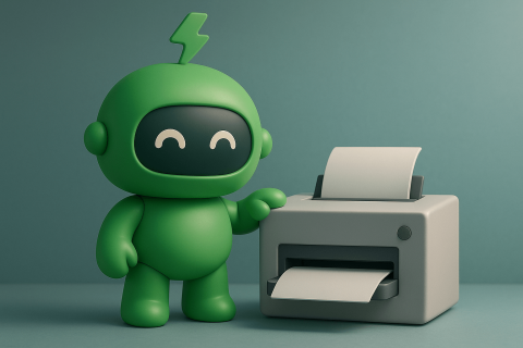 Arigato order printing for Shopify Mr Arigato the robot stands beside a printer