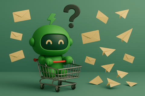 What Should I Automate for Shopify Customer Lifecycle Mr Arigato the robot sits in a shopping cart surrounded by customer emails and messages