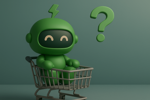 What Should I Automate in Shopify banner Mr Arigato the robot sits in a shopping card wondering what to automate for Shopify
