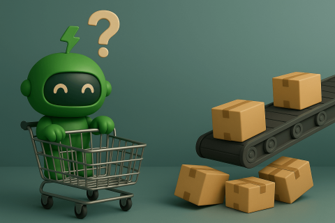 What Should I Automate in Shopify: Orders and Fulfillment banner Mr Arigato the robot sits in a shopping cart beside a pile of Shopify product orders