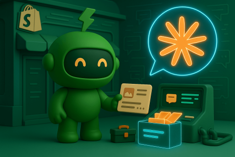 Mr Arigato the robot stands beside a computer with a speech bubble depicting the Claude logo