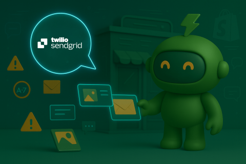 Mr Arigato the robot stands beside some email notifications and the Sendgrid logo