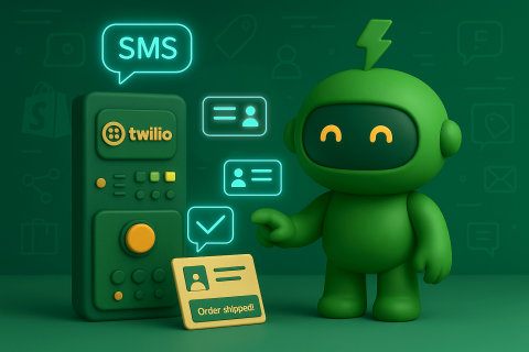 Twilio Shopify Integration banner Mr Arigato the robot stands beside a Twilio SMS for Shopify machine