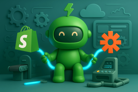 Shopify and Zapier integration via Arigato Mr Arigato the robot holding connectors between Zapier and Shopify