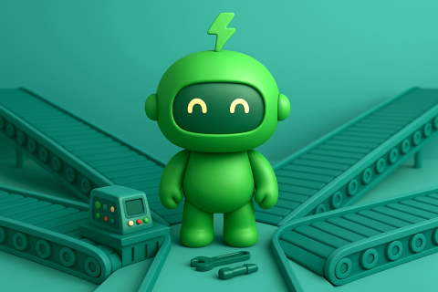Best AI tool for Shopify Mr. Arigato the robot stands where four conveyor belts diverge