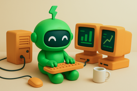 How to use AI in ecommerce banner Mr Arigato the cute green robot using AI for his ecommerce business on computer