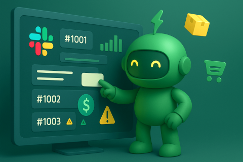 Shopify and Slack integration banner image Mr Arigato the robot using a Slack interface with Shopify notifications