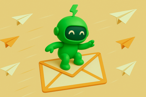 Mr Arigato the robot riding an envelope through the sky
