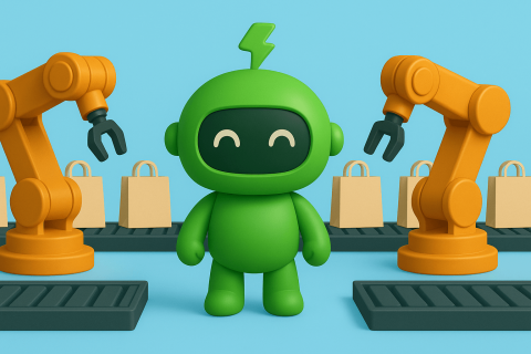 Does Shopify have Automation banner Mr Arigato the robot standing with ecommerce automation