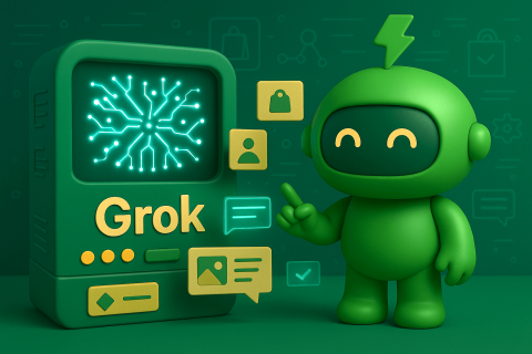 A 3D-rendered illustration of Mr. Arigato, a cute green robot with a lightning bolt antenna, standing on the right side of the image. He is interacting with a futuristic computer terminal on the left labeled “Grok,” which is emitting glowing neural patterns. Shopify icons like product cards and order symbols float between them
