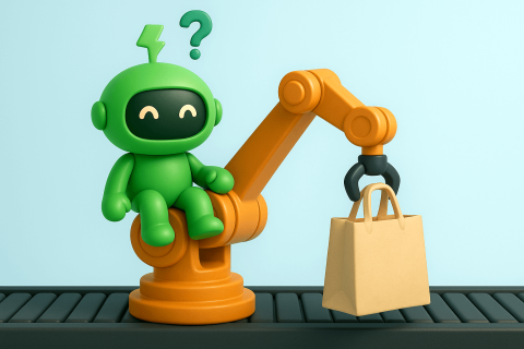 What is ecommerce automation banner Mr Arigato the cute robot sitting on a robot arm