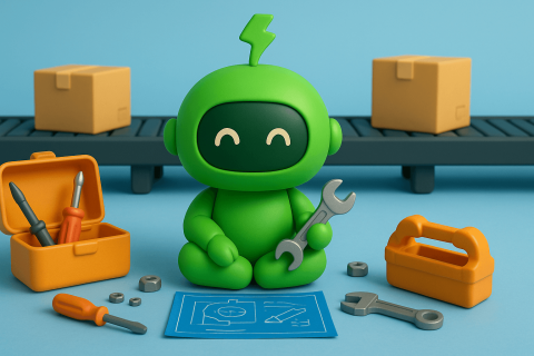 How to Create a Shopify workflow banner Mr. Arigato, the cute robot, sits with tools in front of an automation conveyor