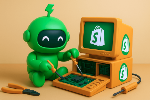 Mr Arigato the robot working on a Shopify computer