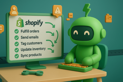 What is Shopify E-commerce Automation banner Mr. Arigato, the robot, checking his Shopify workflows on a computer.