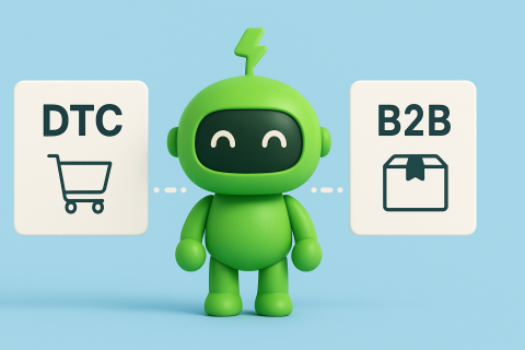 B2B vs DTC automation in Shopify Mr Arigato the robot standing between DTC and B2B signs