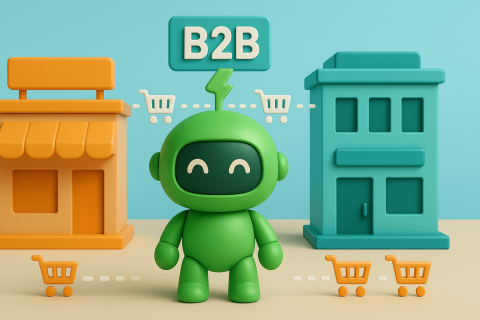How to automate Shopify B2B workflows banner Mr. Arigato, the robot, standing a Shopify B2B business and their corporate customer's buildings