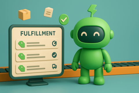 How to automate orders on Shopify banner. Mr. Arigato the Robot stands behind a fulfillment screen for his Shopify orders.